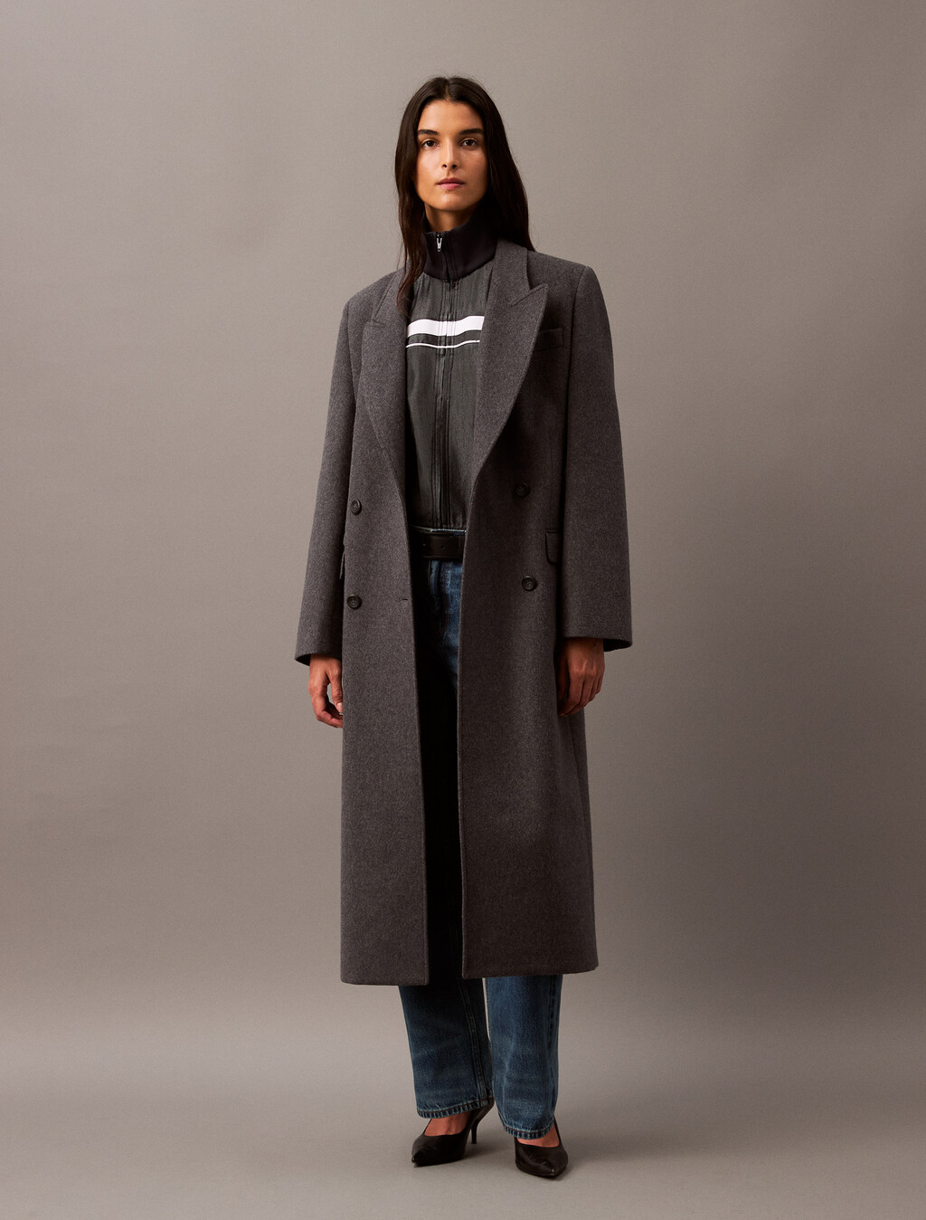 Long Brushed Wool Blend Coat, Charcoal Melange, hi-res