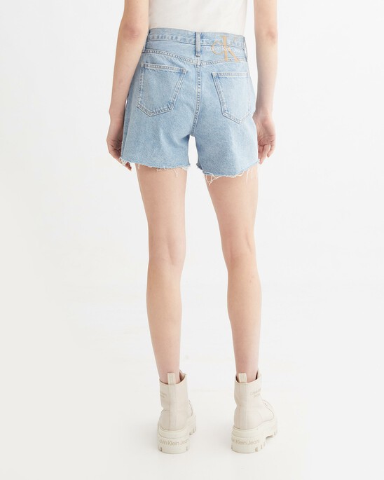 WASHED MID LENGTH FRAYED DENIM SHORTS