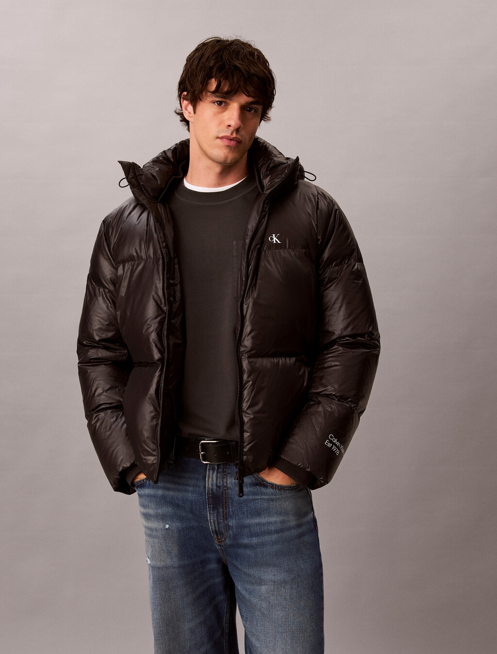 Glossy Down Puffer Jacket With Detachable Hood, Black, hi-res