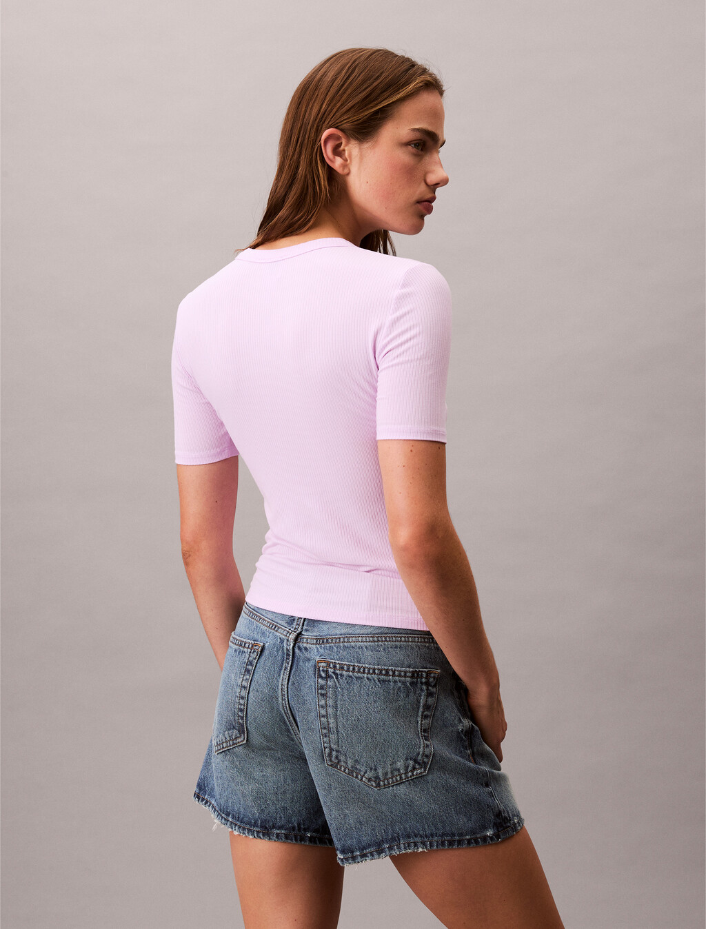 CK Logo Modal Stretch Ribbed Tee, Lavender Blush, hi-res