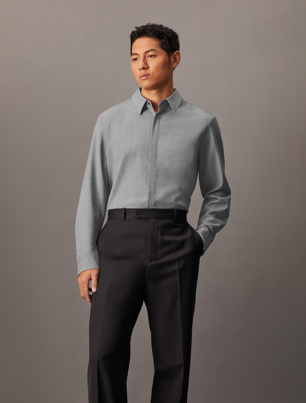 Wool Blend Covered Placket Shirt, Grey Heather, hi-res