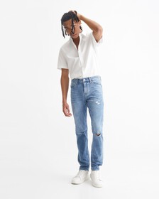 ULTIMATE STRETCH 彈性仿舊修身牛仔褲, Visual Mid Blue Dstr, hi-res