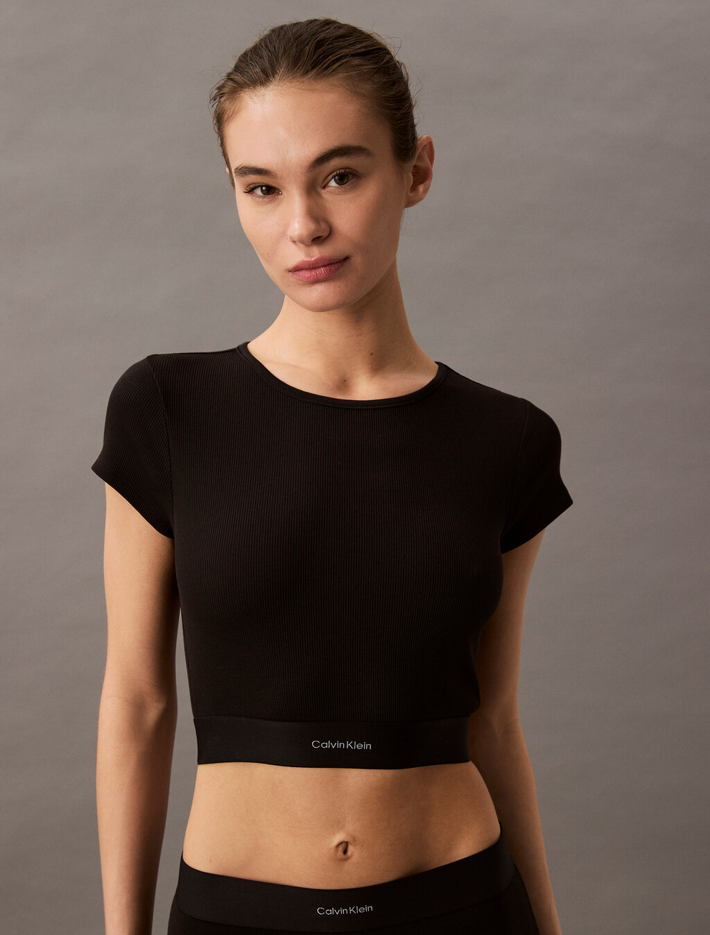 Rib Knit Cropped Tee, Black, hi-res