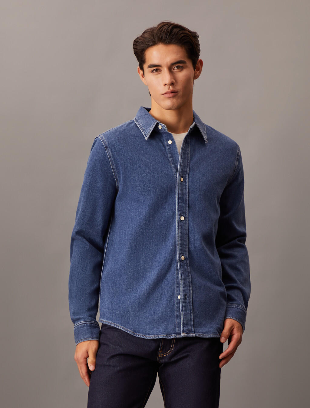 Slim Denim Shirt, Denim Dark, hi-res
