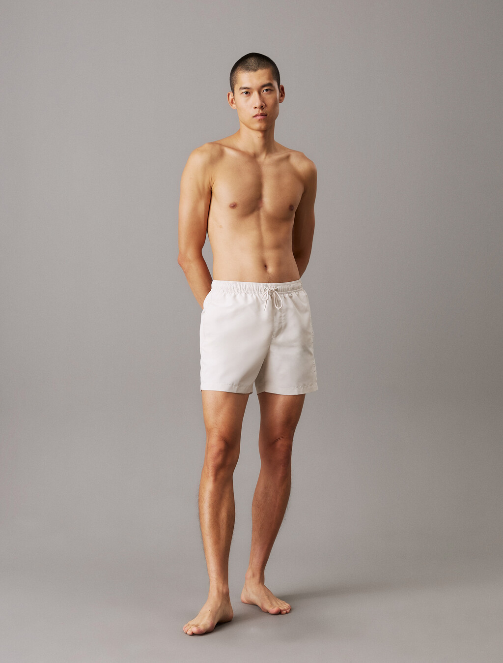 Medium Drawstring Swim Shorts - Logo Embroidery, Chalk, hi-res