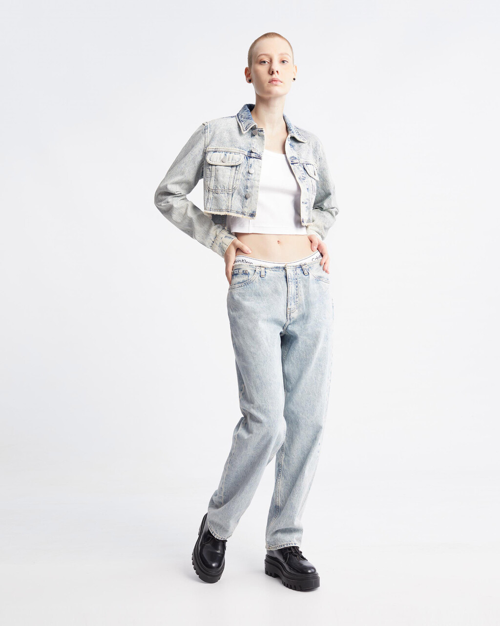 Logo Tape Rib Knit Cropped Tee, Bright White, hi-res