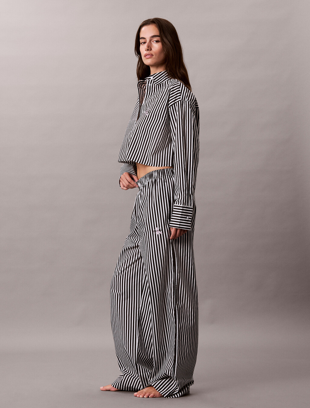 短版府綢棉睡裝上衣, PENNY STRIPE+Black, hi-res