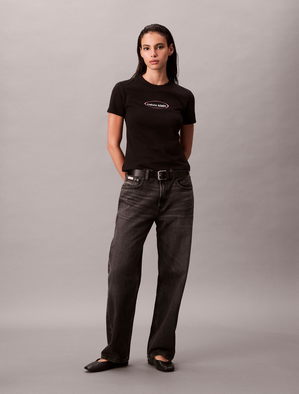 Oval Logo Print Slim Tee, Black, hi-res