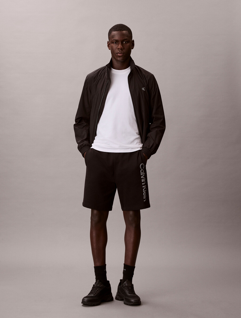 棉質毛圈印花短褲, Black, hi-res