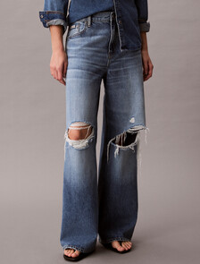 Low Rise Distressed Baggy Jeans, SLASHED INDIGO, hi-res