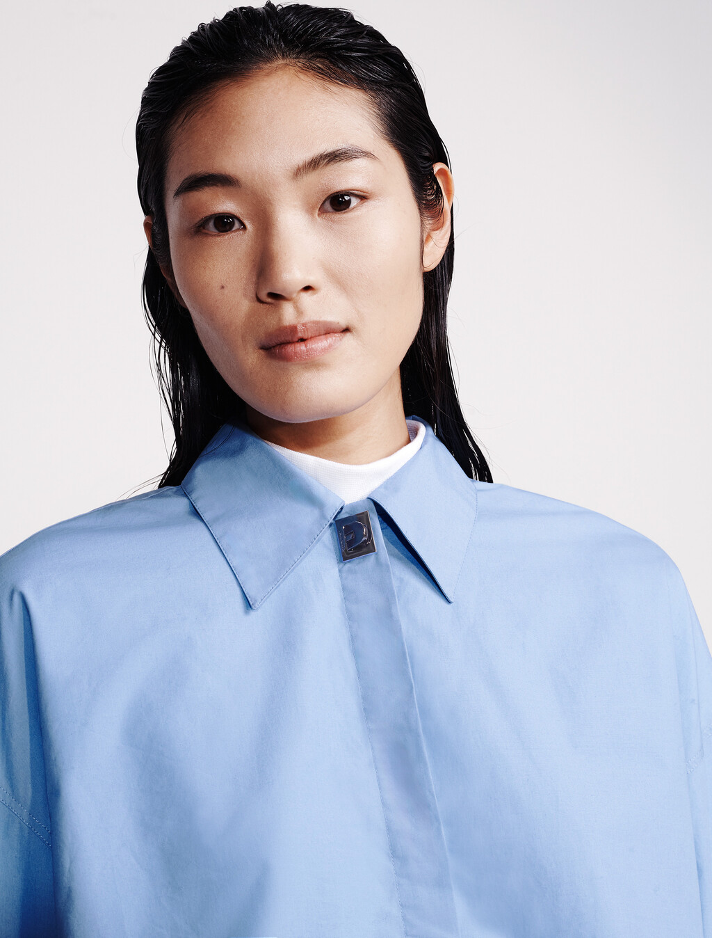 Poplin Woven Cropped Button-Down Shirt, Bel Air Blue, hi-res