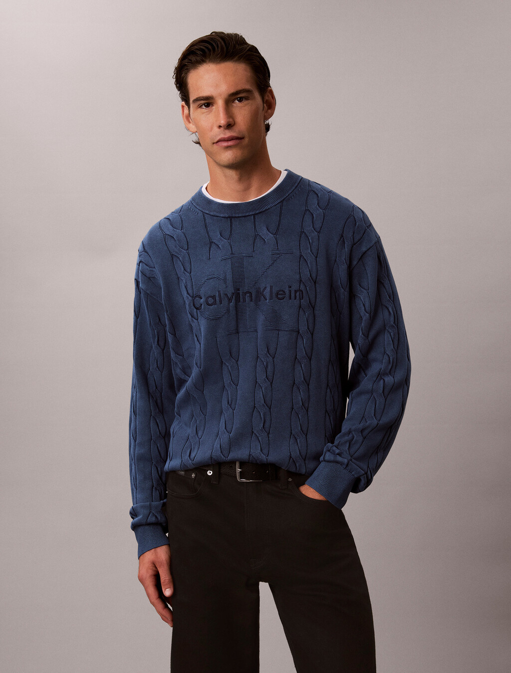 Garment-Dyed Cable Knit Sweater, Pageant Blue, hi-res