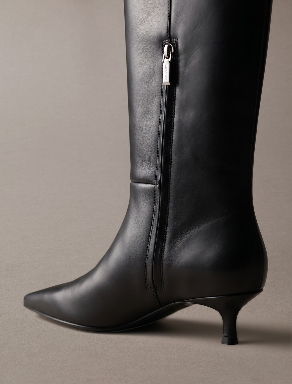 Leather Kitten Heel Knee Boots, Triple Black, hi-res