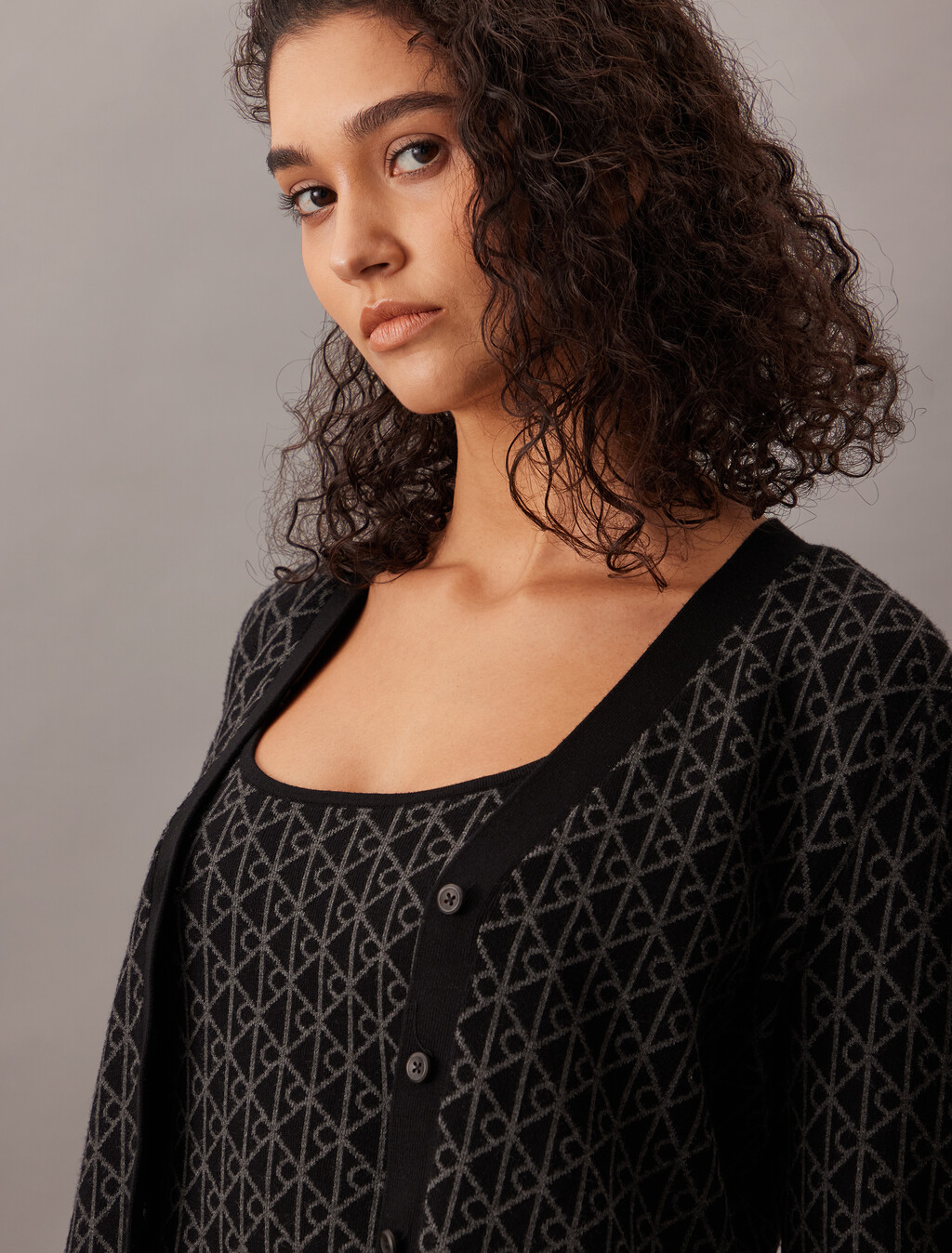 Monogram Tank Cardigan Twinset, Black, hi-res