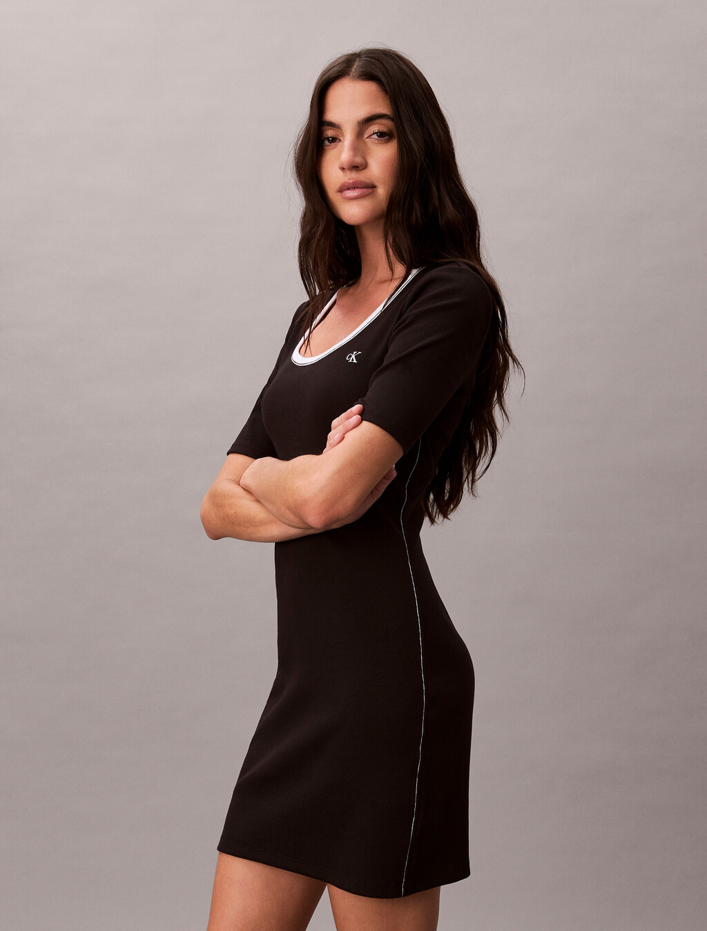 羅紋針織貼身迷你連身裙, Black, hi-res