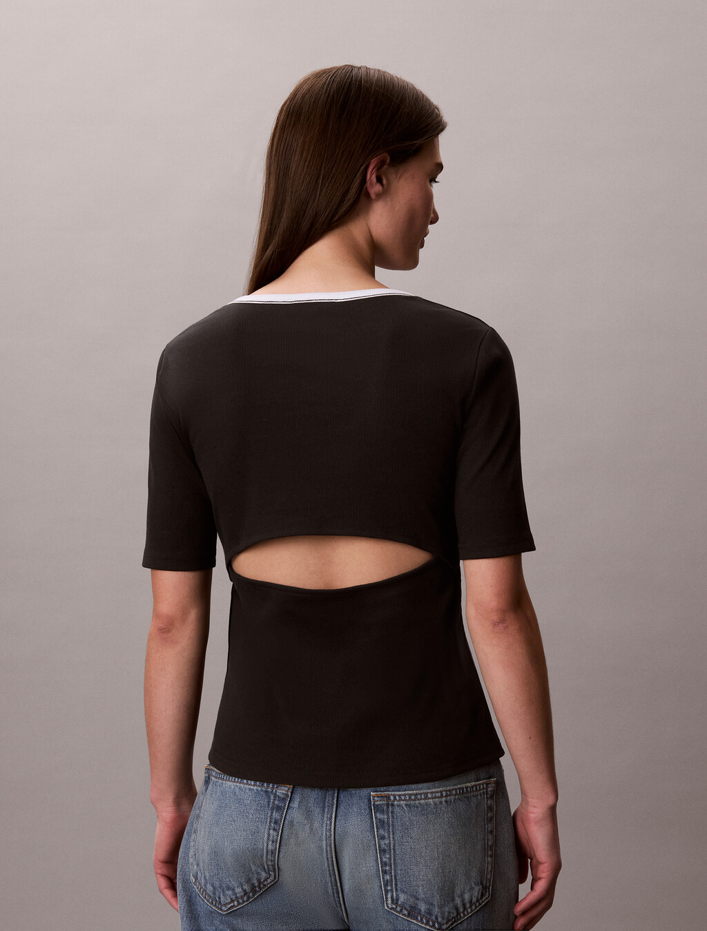 Slim Ribbed Open Back T-shirt, Black, hi-res