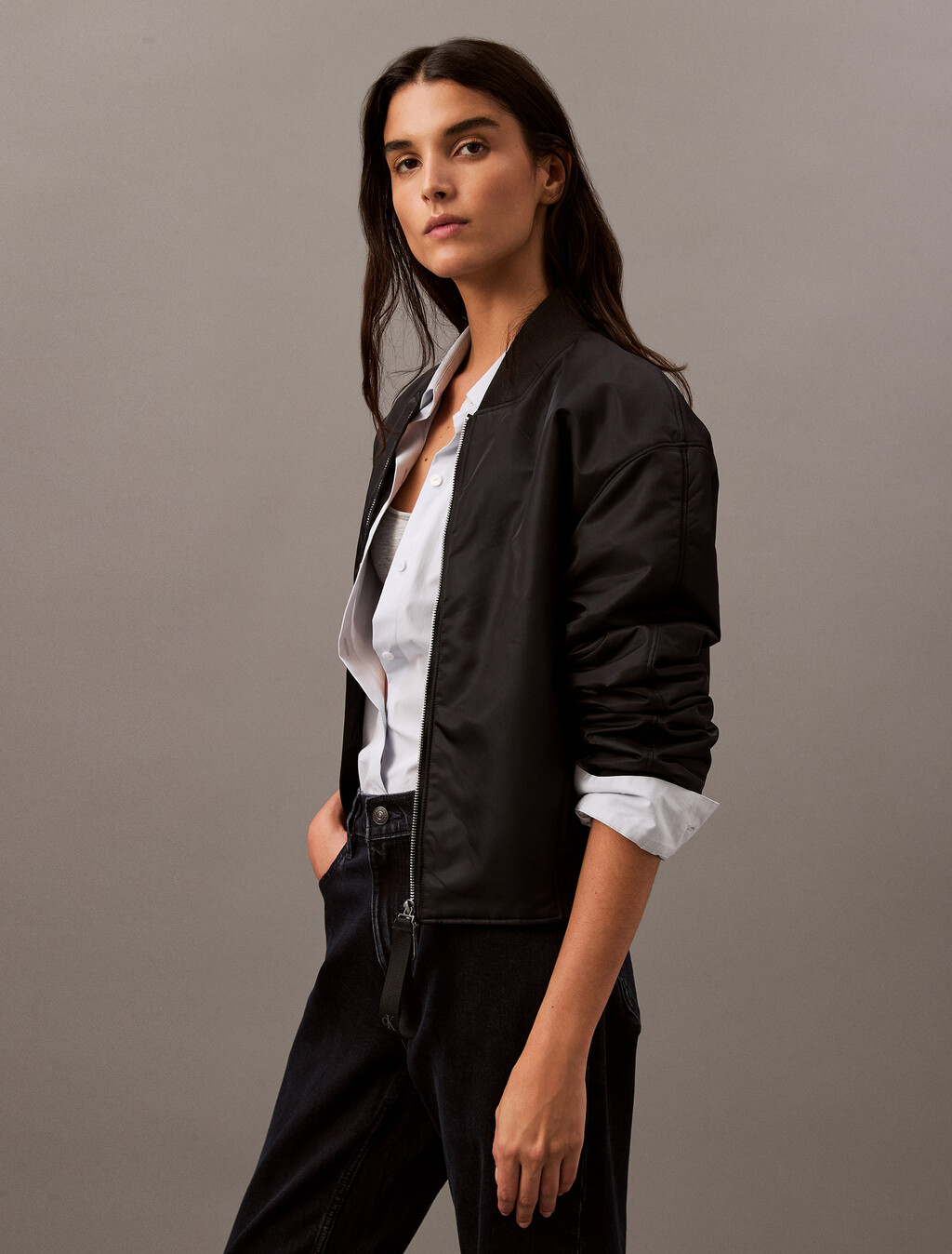 Padded Nylon Bomber Jacket, Black, hi-res