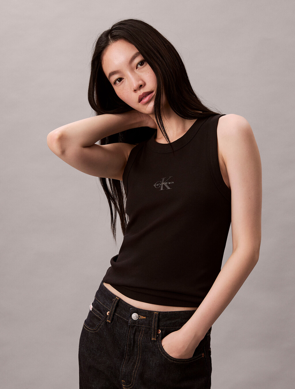 Monogram Rib Knit Tank Top, Black, hi-res