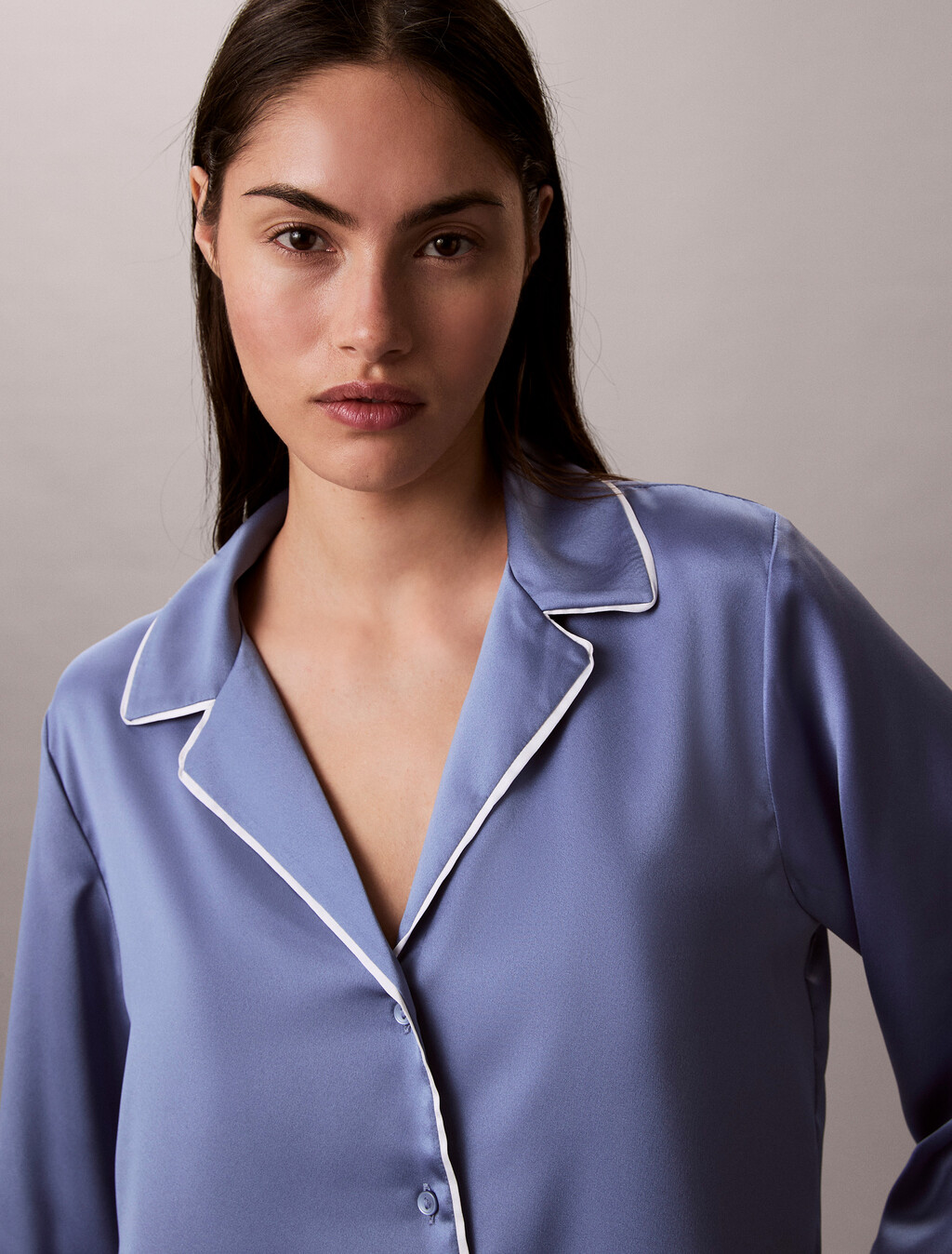 亮面緞面短袖襯衫, Blue Tulip, hi-res