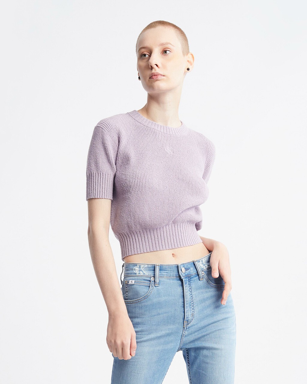 Feminine Chenille Short Sleeve Sweater, Lavender Aura, hi-res