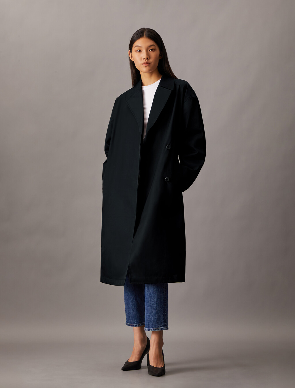 Organic Cotton Blend Trench Coat, Black, hi-res