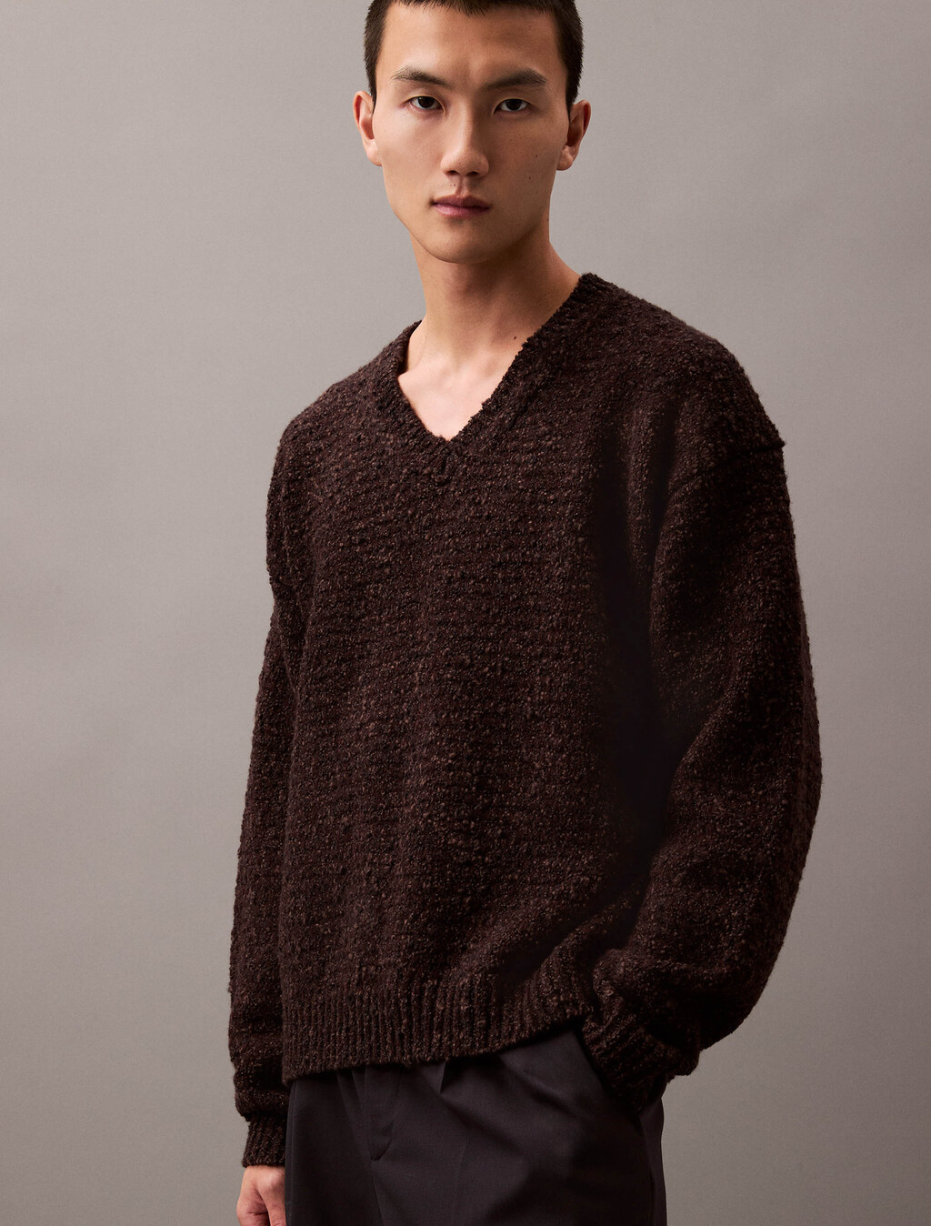 Chunky Wool V Neck Sweater, Mulch Htr, hi-res