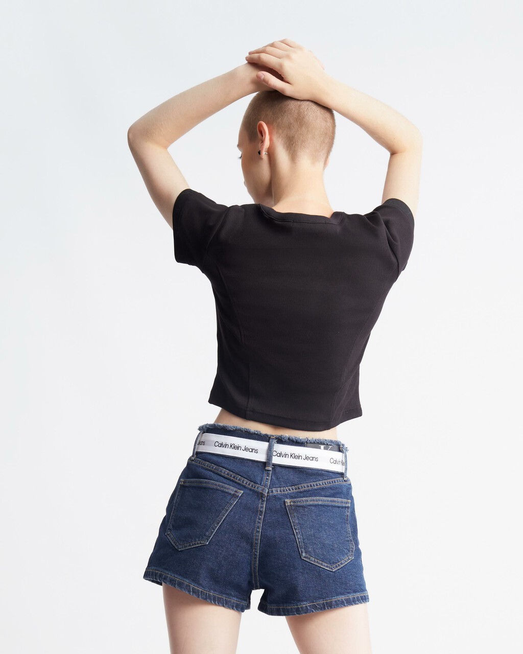 Logo Tape Rib Knit Cropped Tee, Ck Black, hi-res