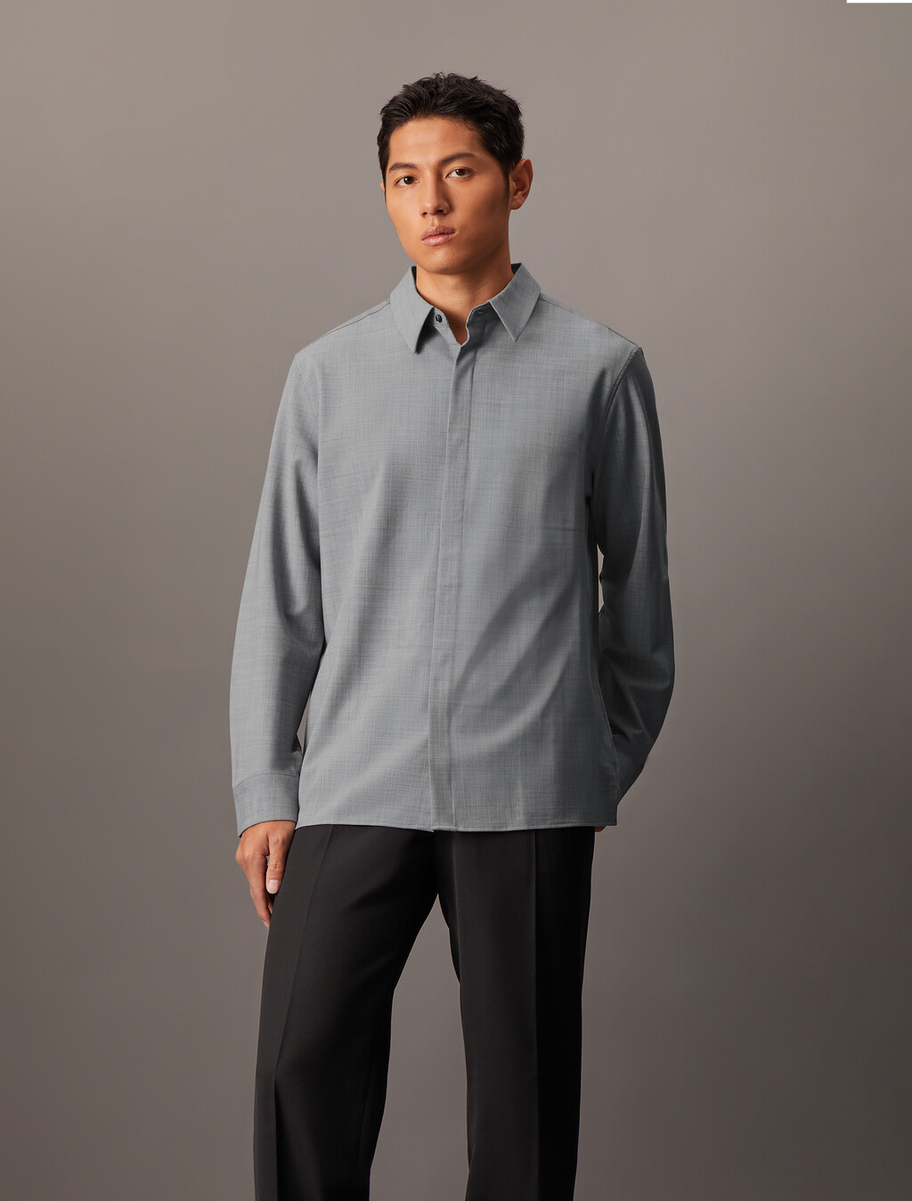 Wool Blend Covered Placket Shirt, Grey Heather, hi-res