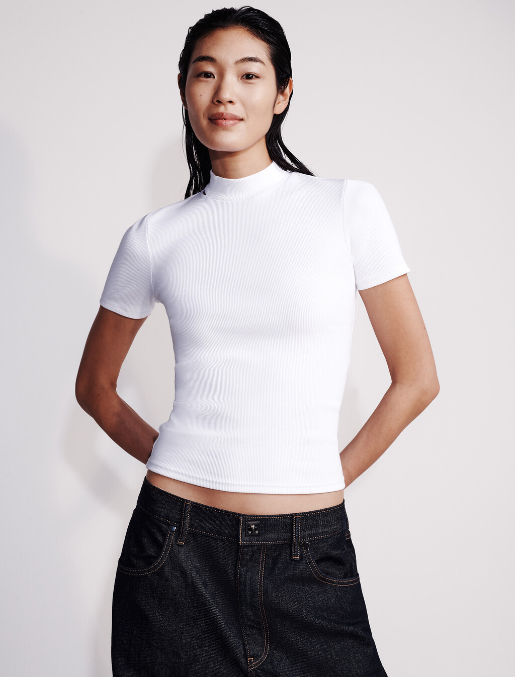 鏤空修身圓領 T 恤, Brilliant White, hi-res