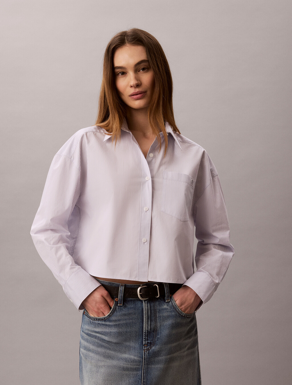 Cropped Cotton Poplin Stripe Shirt, MINI FIFTY STRIPE COSMIC SKY BRILLIANT WHITE, hi-res