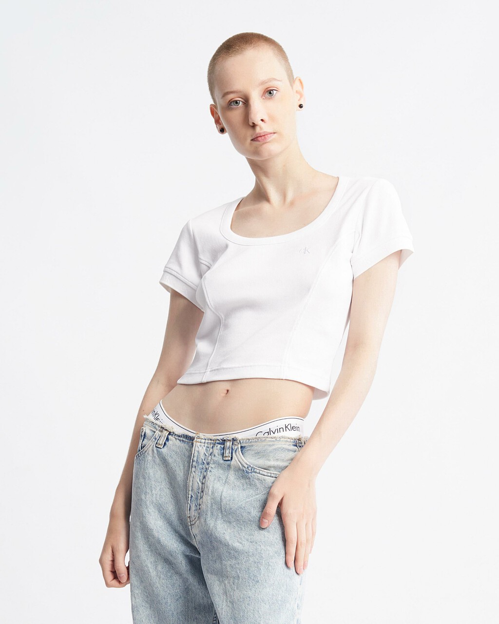 Logo Tape Rib Knit Cropped Tee, Bright White, hi-res