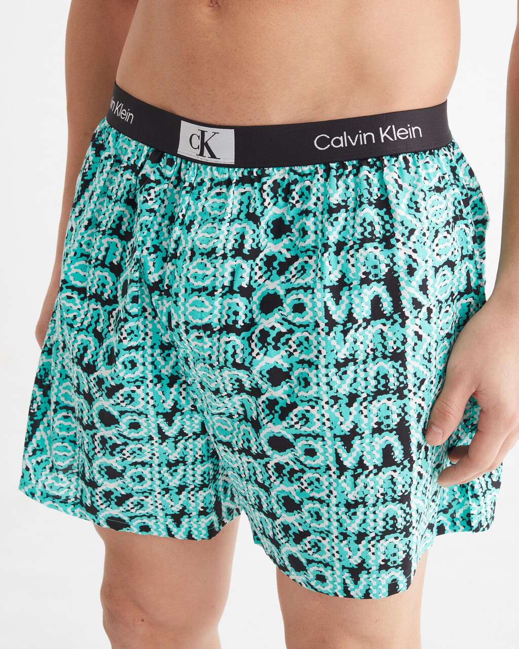 CALVIN KLEIN 1996 梭織棉質平角內褲, LAYERED WAVY LOGO PRINT_FRESH PEPPERMINT, hi-res