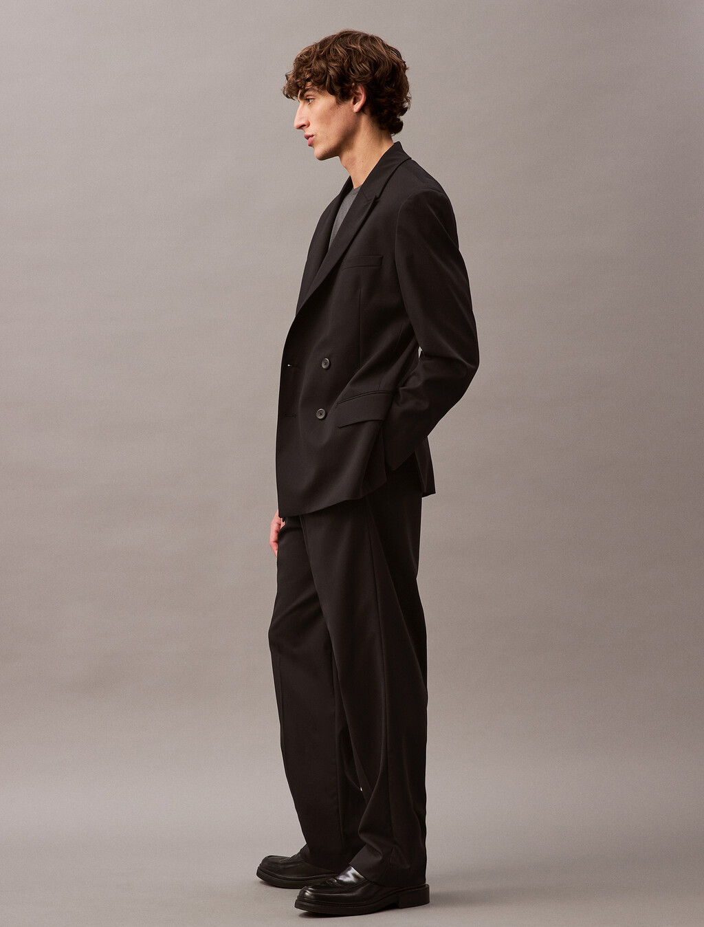 Wool Straight Pleated Trousers, Black Beauty, hi-res