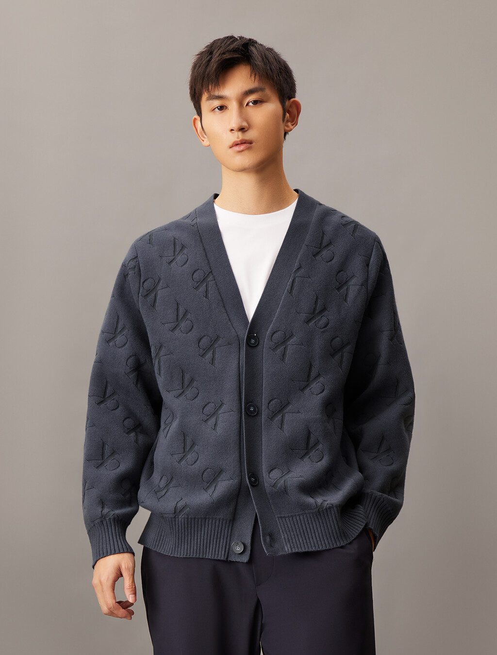 Embossed Monogram Relaxed Cardigan, Ebony, hi-res