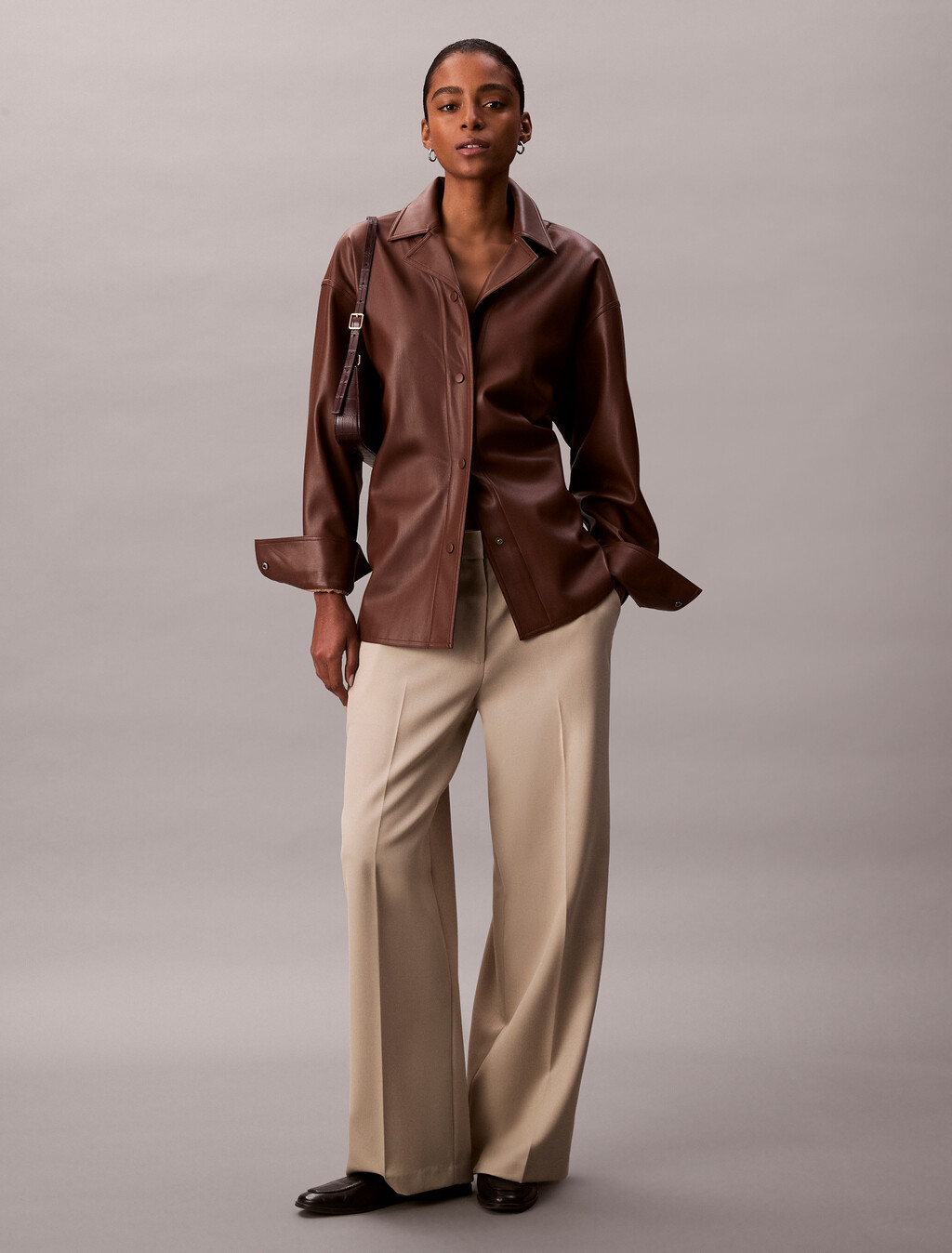 Relaxed Faux Leather Shirt, Rocky Road, hi-res
