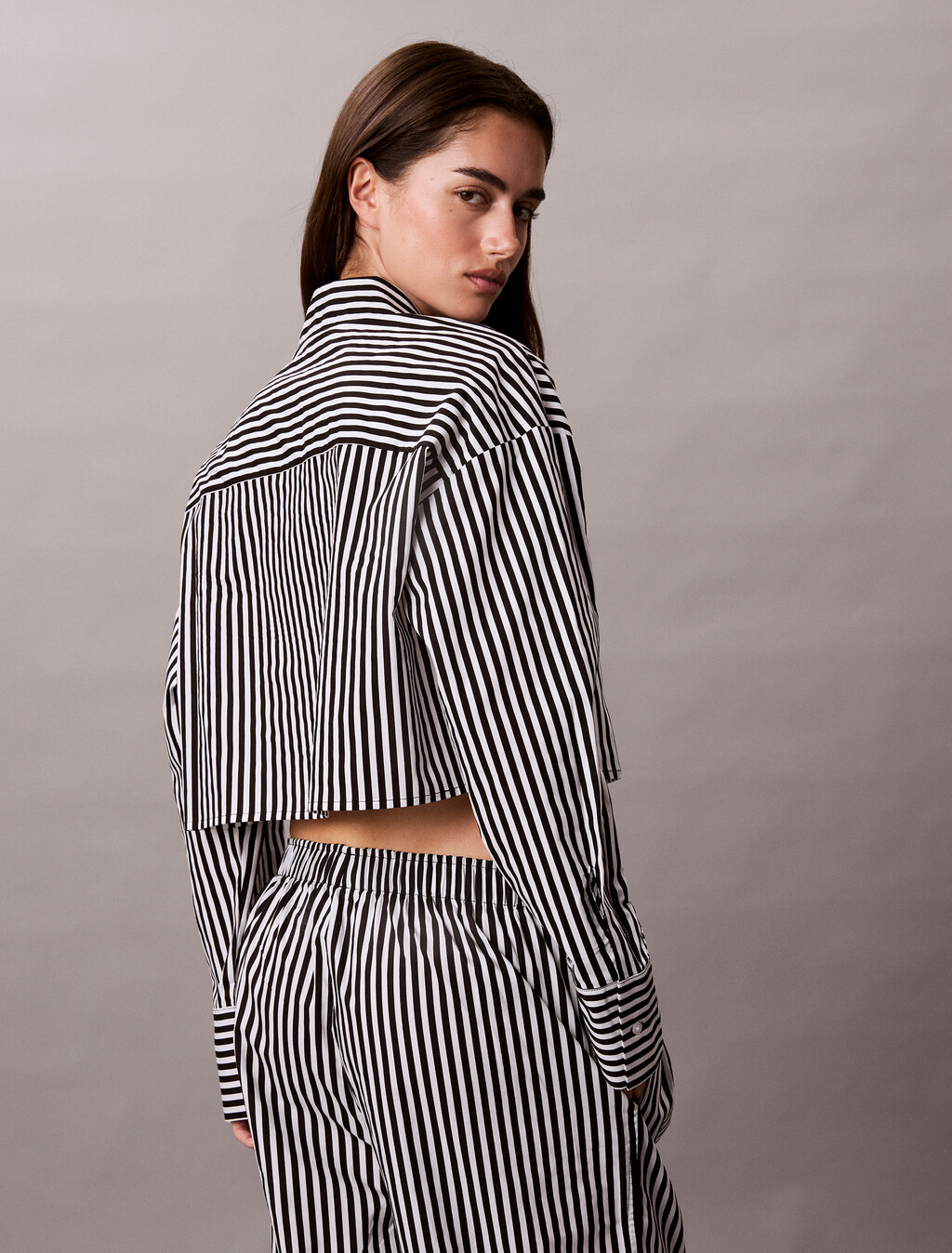 短版府綢棉睡裝上衣, PENNY STRIPE+Black, hi-res