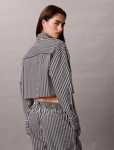 短版府綢棉睡裝上衣, PENNY STRIPE+Black, hi-res