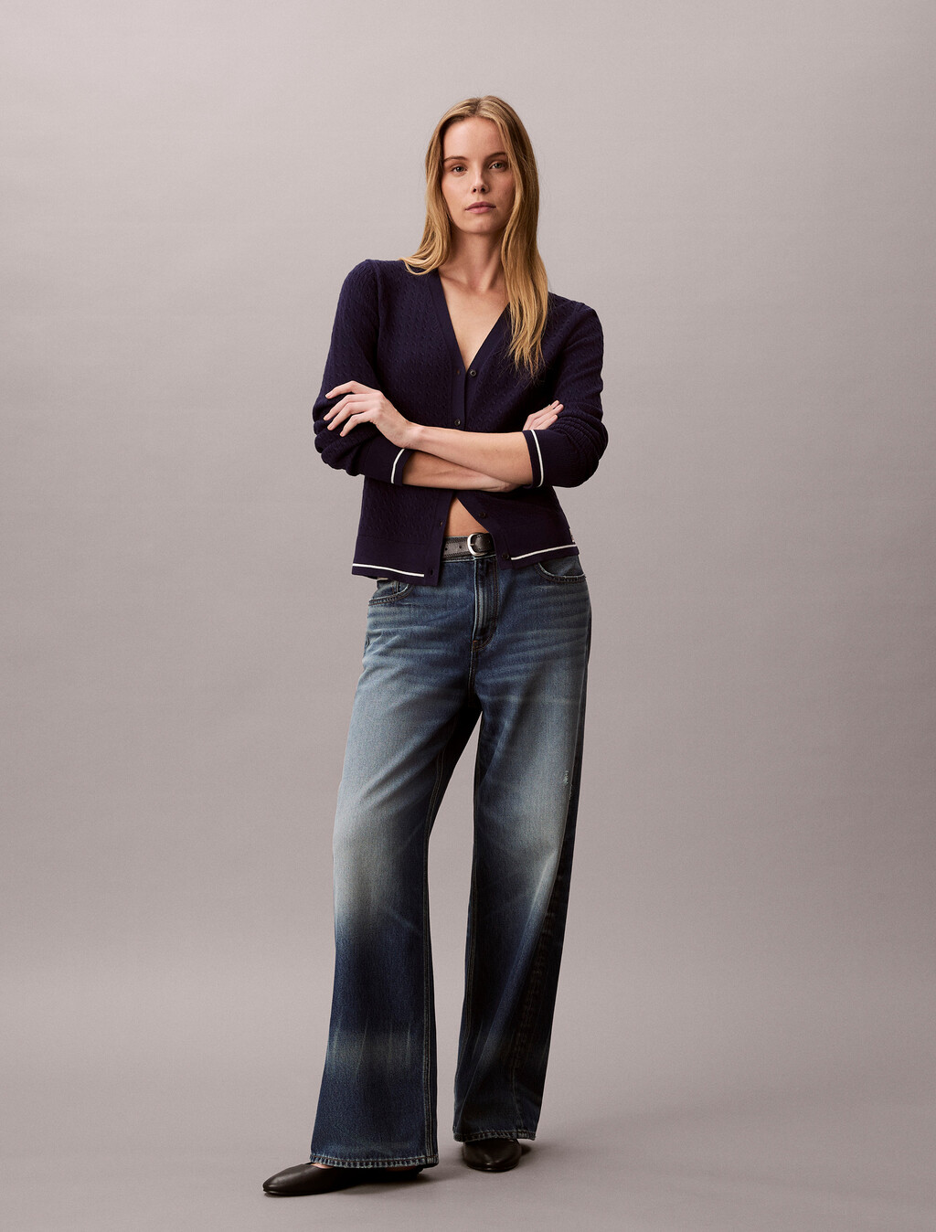 修身絞花針織開襟外套, Evening Blue, hi-res