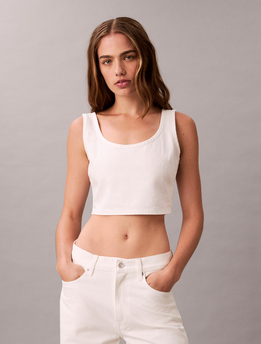 Denim Allover Monogram Cropped Tank Top, CK ARCTIC, hi-res