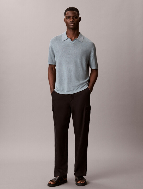 Linen Blend Open Collar Polo Shirt