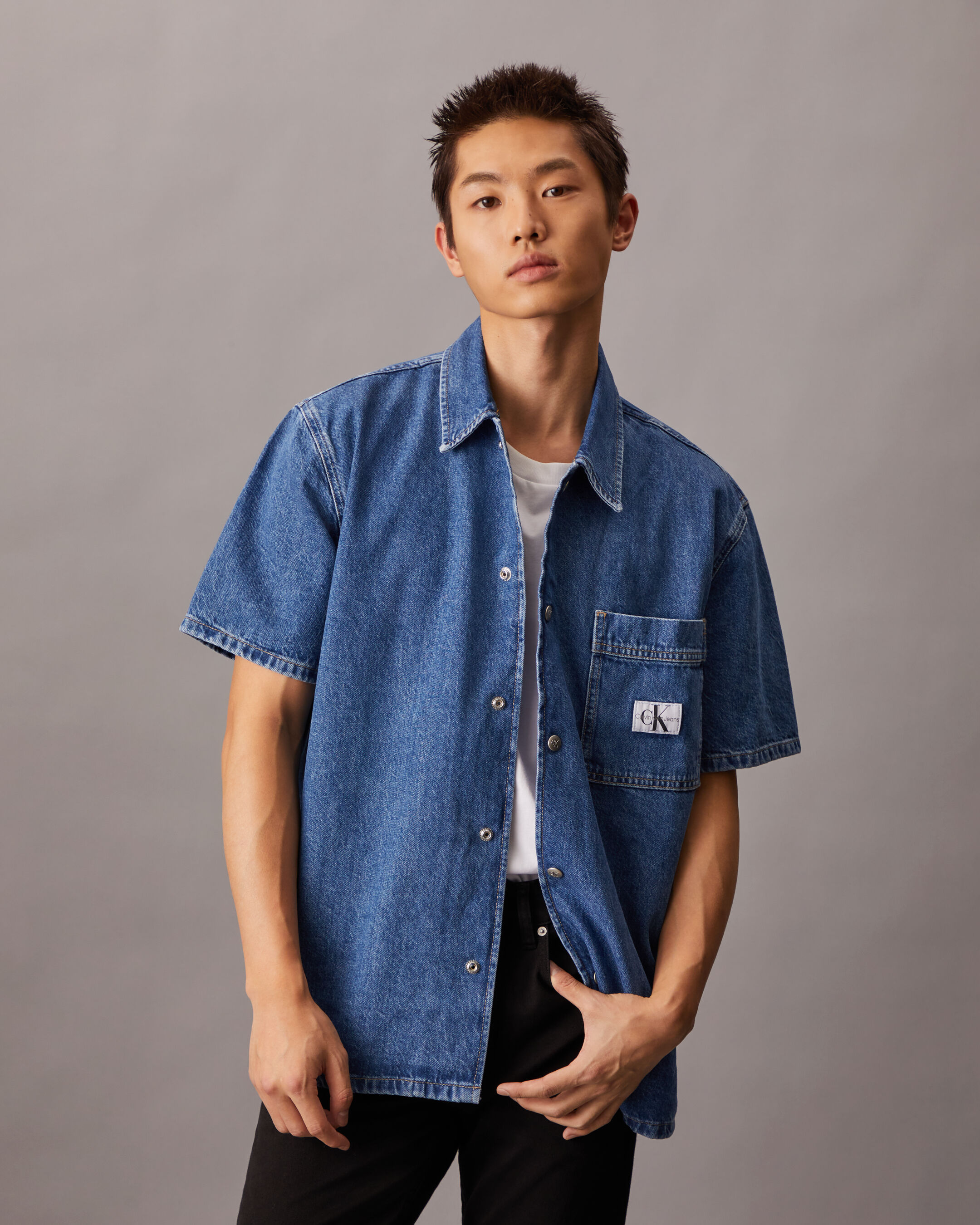 【JEMUT】25SS★ Flint Denim Short Sleeve Shirt Denim Short Sleeve Shirt | blue | Calvin Klein Hong Kong