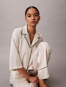 亮面緞面短袖襯衫, DOTTED LOGO PINSTRIPE IVORY, hi-res