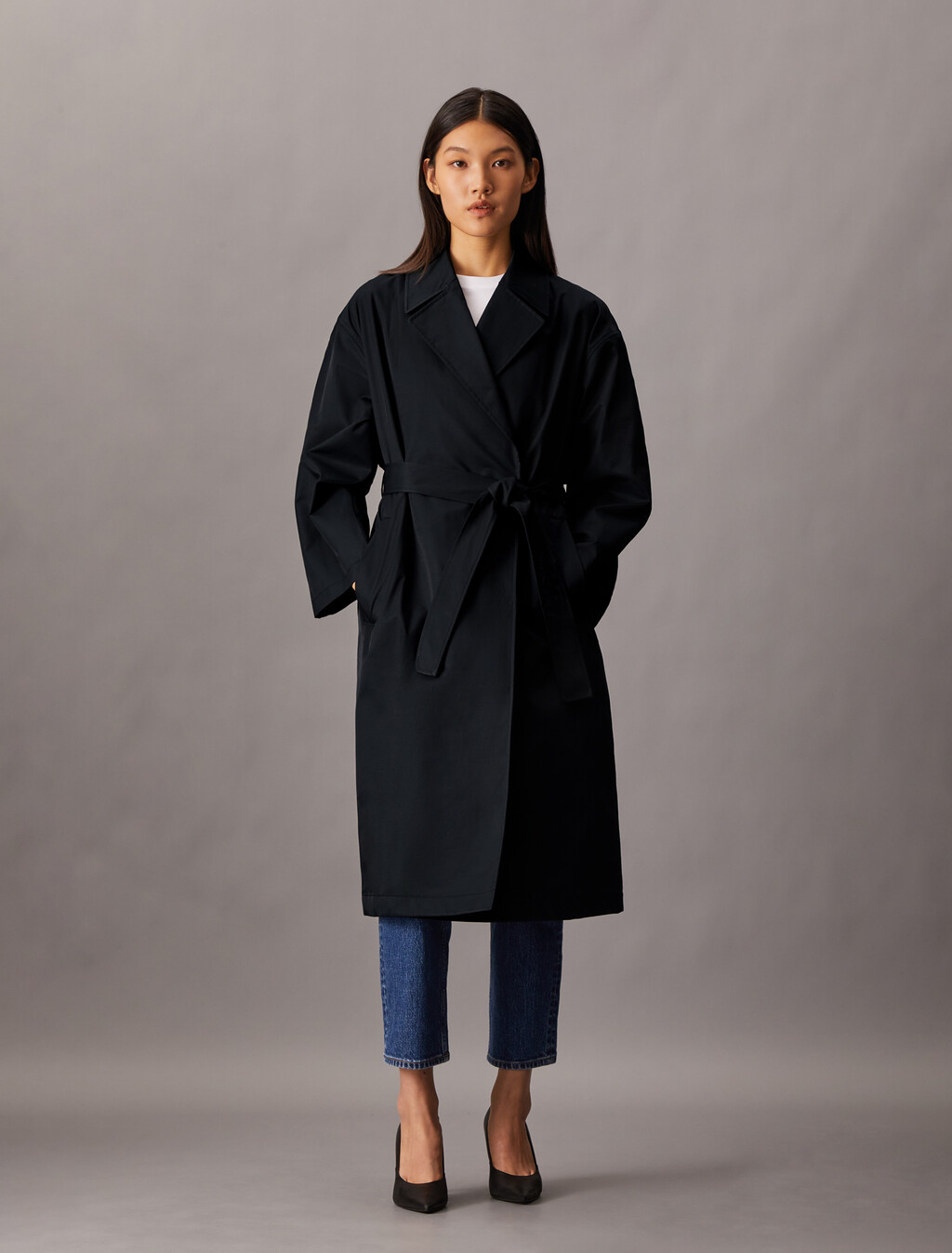 Organic Cotton Blend Trench Coat, Black, hi-res