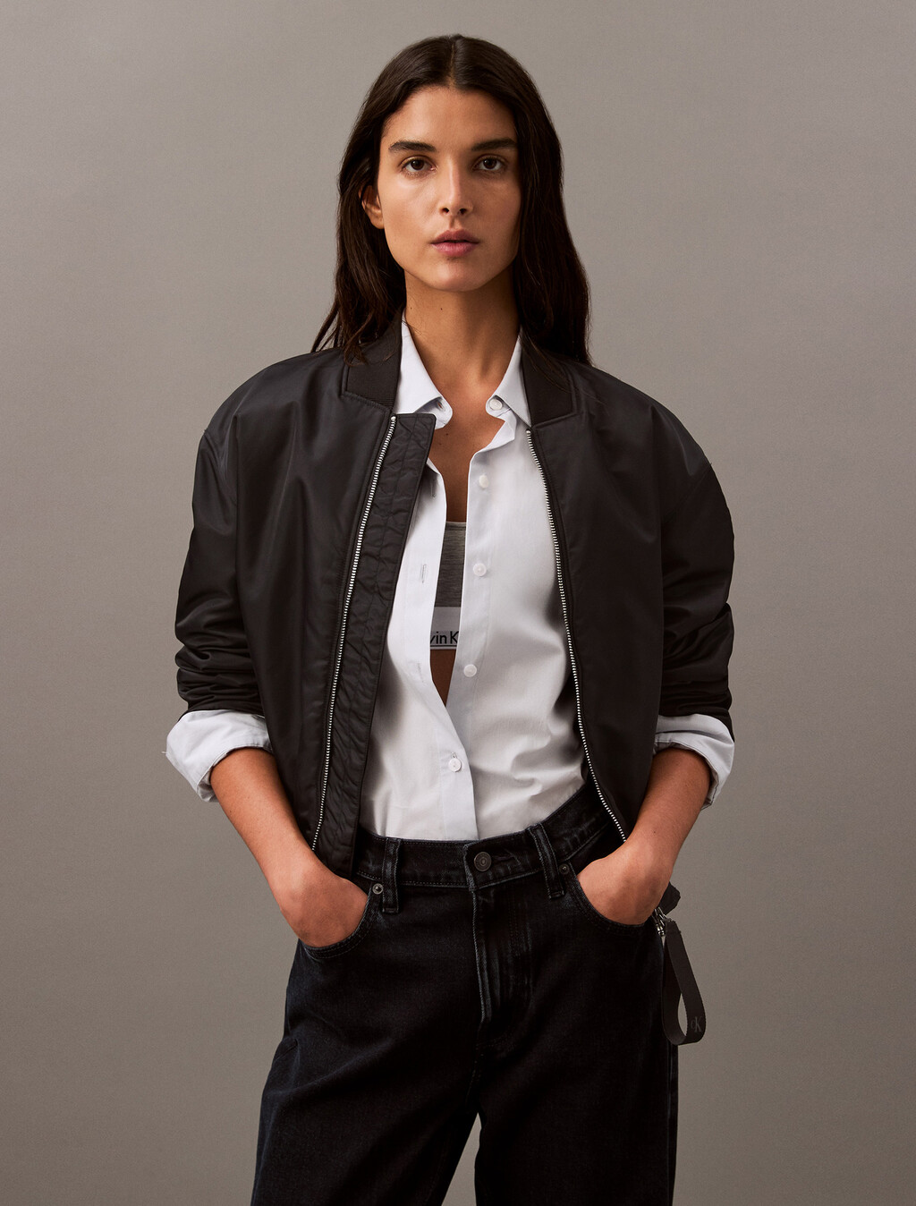 Padded Nylon Bomber Jacket, Black, hi-res