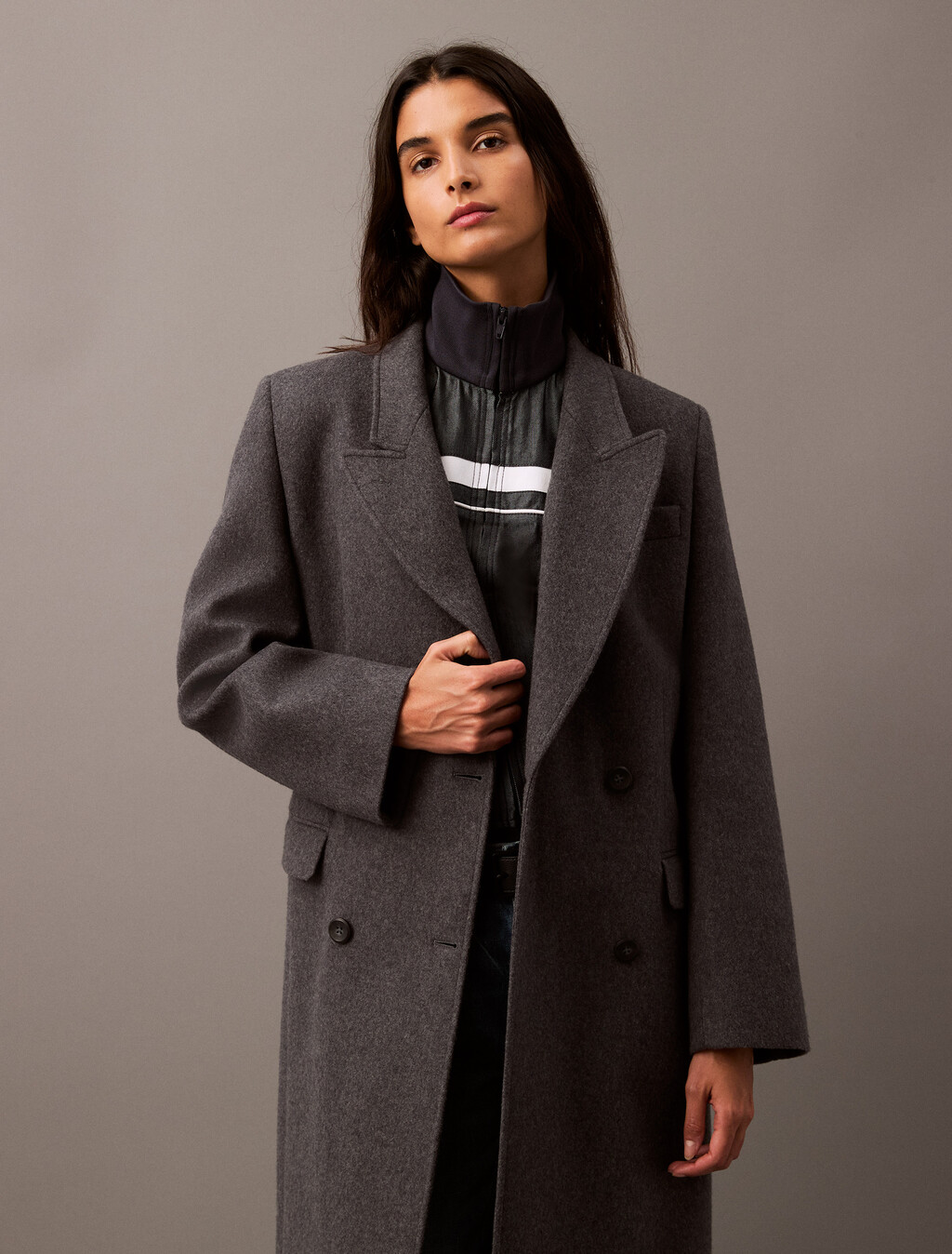 Long Brushed Wool Blend Coat, Charcoal Melange, hi-res