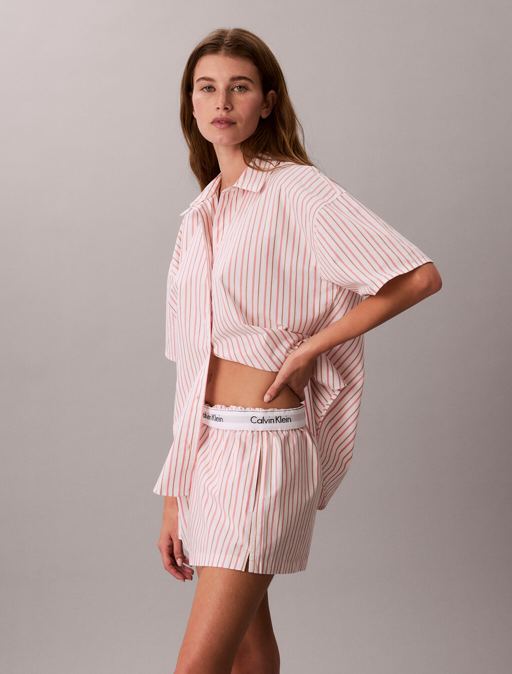 Cotton Poplin Pyjama Shorts, AURORA STRIPE PEACH BLISS, hi-res