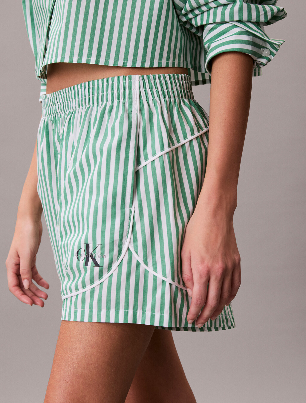 Cotton Poplin Pyjama Shorts, PENNY STRIPE MARDI GRAS GREEN, hi-res