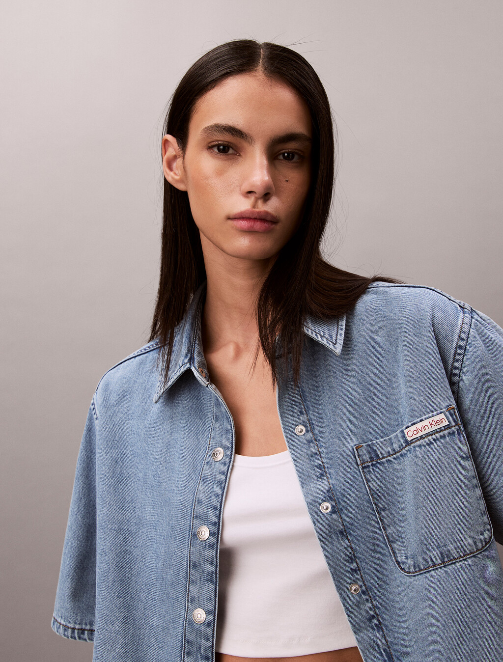 短方版牛仔襯衫, VINTAGE MOSS, hi-res