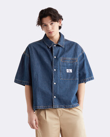 Recycled Cotton Boxy Cropped Denim Shirt, 014 INKY BLUE, hi-res