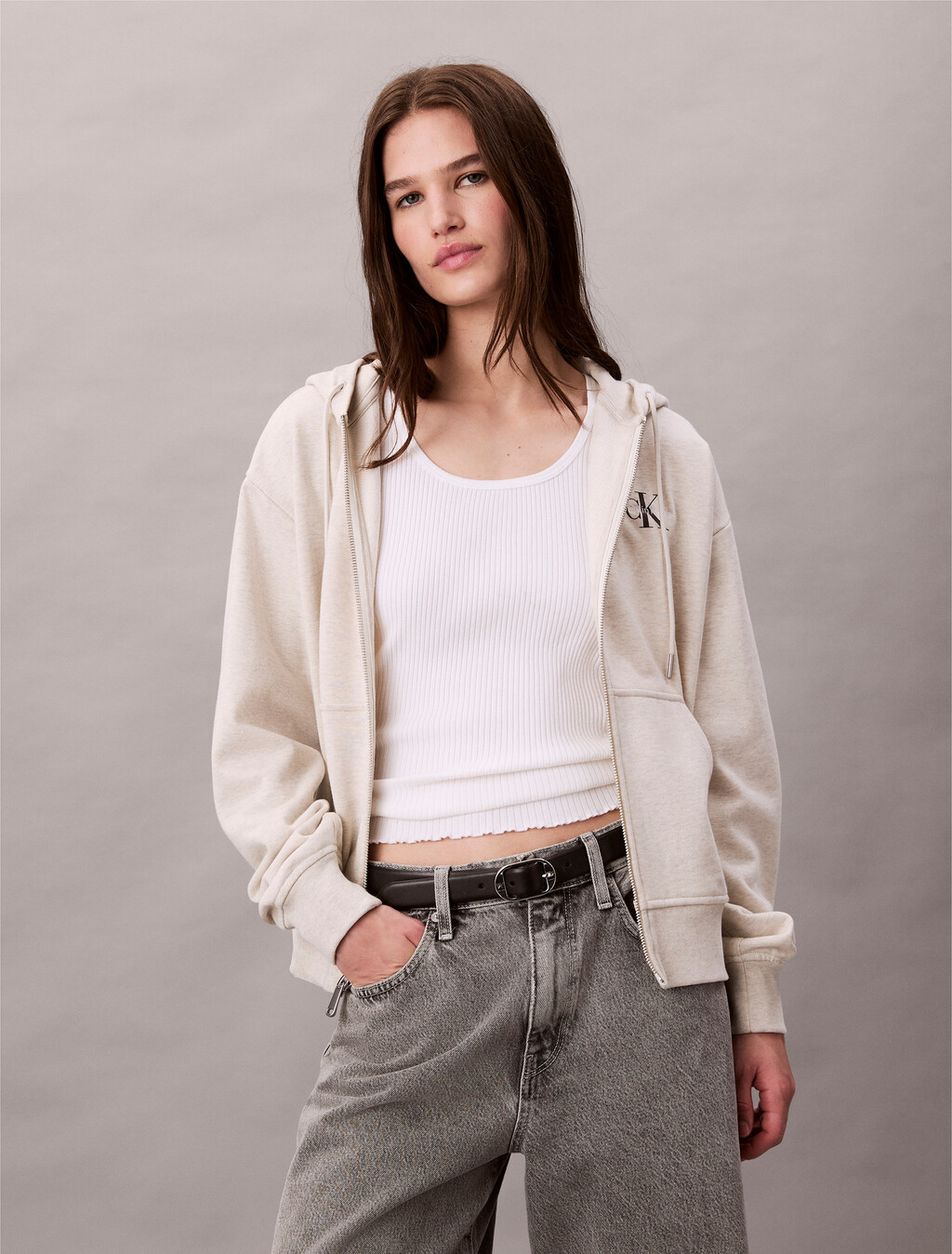 Monogram Cotton Terry Zip Thru Hoodie, Vanilla Heather, hi-res